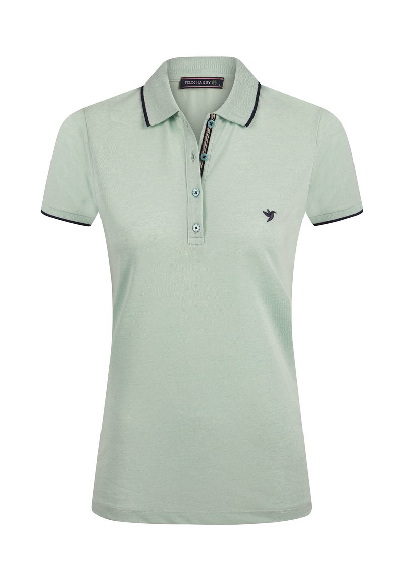 Lichtgroene polo t-shirt van een zachte stof met een drieknoopsluiting, contrasterende donkere kraag en mouwafwerkingen, met een klein vogellogo.