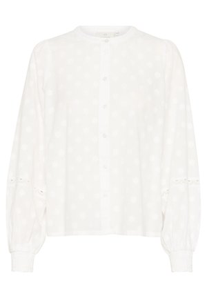 Camicia bianca con bottoni, maniche lunghe a palloncino, motivo floreale testurizzato, dettagli in pizzo ai polsini e scollatura rotonda.