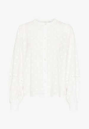 Hvid skjorte med lange puffærmer, struktureret blomstermønster, blonderaccentuerede manchetter og en rund halsudskæring.