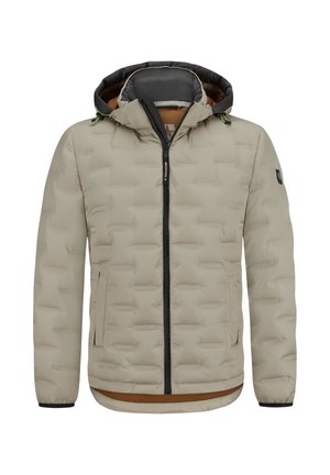 Beige gesteppte Jacke mit Reißverschluss vorne, Kapuze und schwarzer Verzierung. Verfügt über Seitentaschen, strukturiertes Steppmuster und einen braunen Saumakzent.