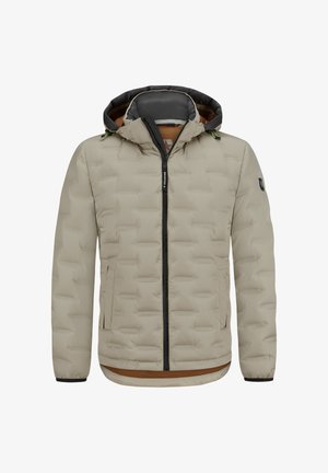 Beige gesteppte Jacke mit Reißverschluss vorne, Kapuze und schwarzer Verzierung. Verfügt über Seitentaschen, strukturiertes Steppmuster und einen braunen Saumakzent.