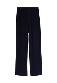 Pantalons de détente bleu marine en tissu doux, dotés d'une coupe large, d'une taille élastique et sans motifs ni accessoires visibles.