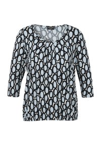 Schwarz-weiß gemusterte Bluse mit Dreiviertelärmeln, die ein elliptisches Design auf einem hellblauen Hintergrund und einen runden Halsausschnitt aufweist.