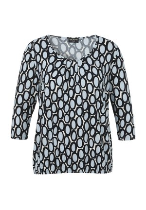Schwarz-weiß gemusterte Bluse mit Dreiviertelärmeln, die ein elliptisches Design auf einem hellblauen Hintergrund und einen runden Halsausschnitt aufweist.