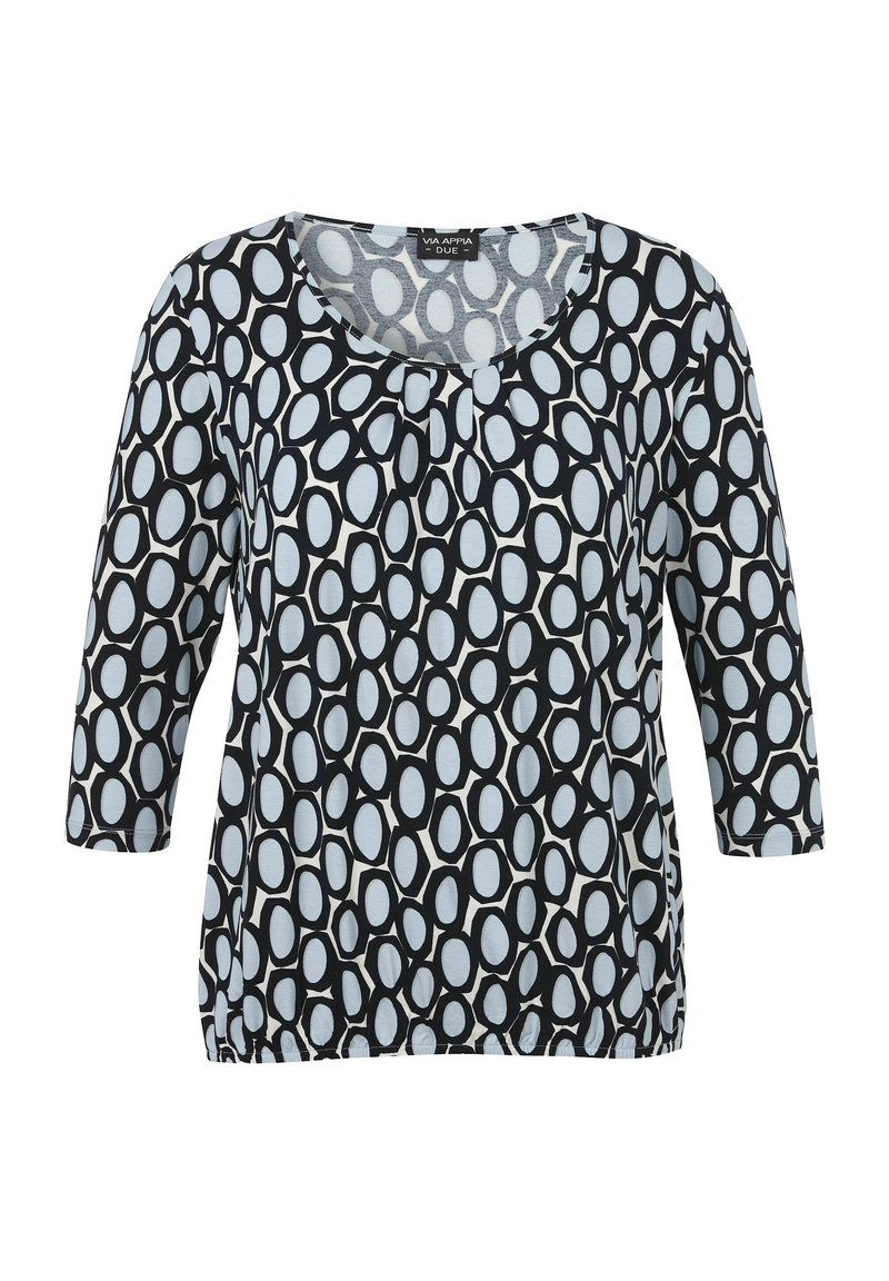 Schwarz-weiß gemusterte Bluse mit Dreiviertelärmeln, die ein elliptisches Design auf einem hellblauen Hintergrund und einen runden Halsausschnitt aufweist.