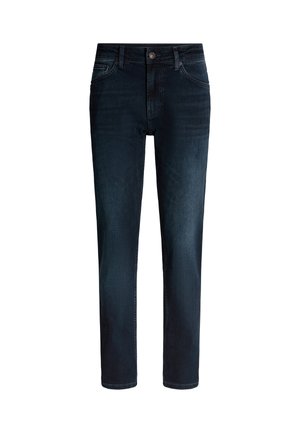 Dunkelblaue Denim-Jeans mit geradem Schnitt. Zu den Merkmalen gehören ein Knopfverschluss, fünf Taschen und dezentes Ausbleichen auf der Vorderseite.