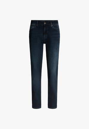 Donkerblauwe denim jeans met een rechte fit. Kenmerken zijn onder andere een knoopsluiting, vijf zakken en subtiele slijtageplekken aan de voorkant.