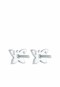 Pendientes en forma de mariposa de plata con un acabado pulido, marcados como '925', con un cierre trasero para un ajuste seguro.