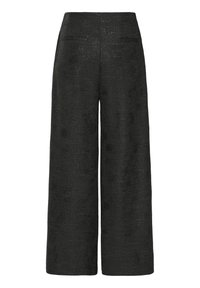 Pantaloni neri a gamba larga con tessuto strutturato, due tasche posteriori e vita con cintura per una vestibilità aderente.