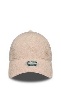 Hellrosa strukturierte Damenmütze mit verstellbarem Riemen, gebogenem Schirm und New York Yankees-Logo auf der Vorderseite.