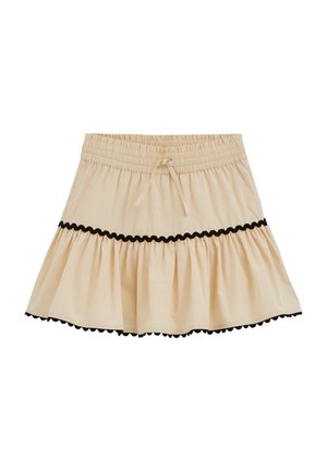Falda mini beige fruncida con cintura elástica, cordón ajustable y ribete negro con borde en forma de ondas en el centro y el dobladillo.