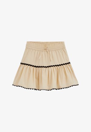 Beežist kogutud miniseelik elastse vöökohaga, nööriga ja musta lainelise äärisega keskel ja äärel.