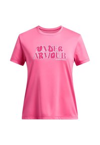Camiseta de manga corta rosa hecha de una tela suave que presenta el logo de "Under Armour" en texto estilizado blanco en la parte frontal.