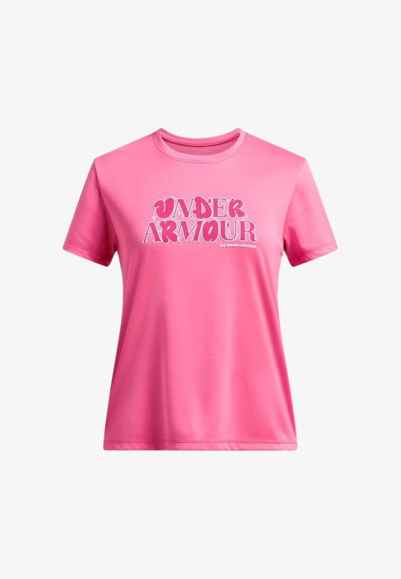 Camiseta de manga corta rosa hecha de una tela suave que presenta el logo de "Under Armour" en texto estilizado blanco en la parte frontal.