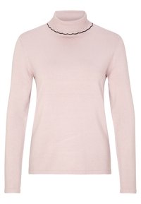 Helle rosa Rollkragensweater mit langen Ärmeln, der eine gerippte Textur und schwarze gewellte Akzente um den Kragen aufweist.