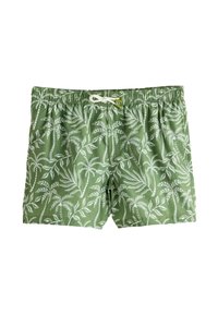 Costume da bagno verde con motivo a foglie di palma bianche, vita elasticizzata e coulisse regolabile. Realizzato in tessuto leggero e traspirante.