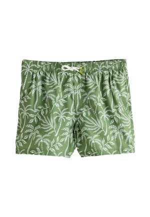 Zelené plavecké šortky s bielym vzorom listov palmy, elastickým pásom a nastaviteľným sťahovacím šnúrkou. Vyrobené z ľahkej, priedušnej tkaniny.