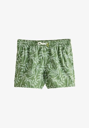 Zelene kupaće hlače s bijelim uzorkom palminih listova, elastičnim pojasom i podesivom vrpcom za vezanje. Izrađene od laganog, prozračnog materijala.