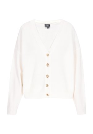 Biały kardigan z dekoltem w serek, wykonany z miękkiego materiału. Posiada sześć złotych guzików z przodu, ribbowane mankiety i dół. Luźny krój z opadającymi ramionami.