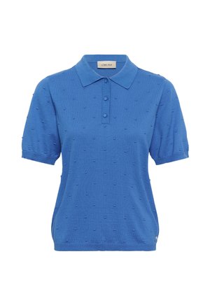 Blauw gebreid poloshirt met korte mouwen, voorzien van gestructureerde stippen, drie knopen aan de voorkant en een kleine kraag, met het label "CREAM" aan de binnenkant van de halslijn.