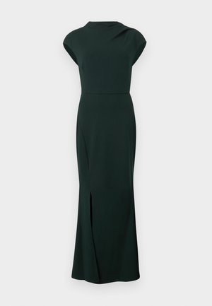 Dark green, sleeveless, floor-length dress with a fitted waist and a front slit, displayed against a plain light background.