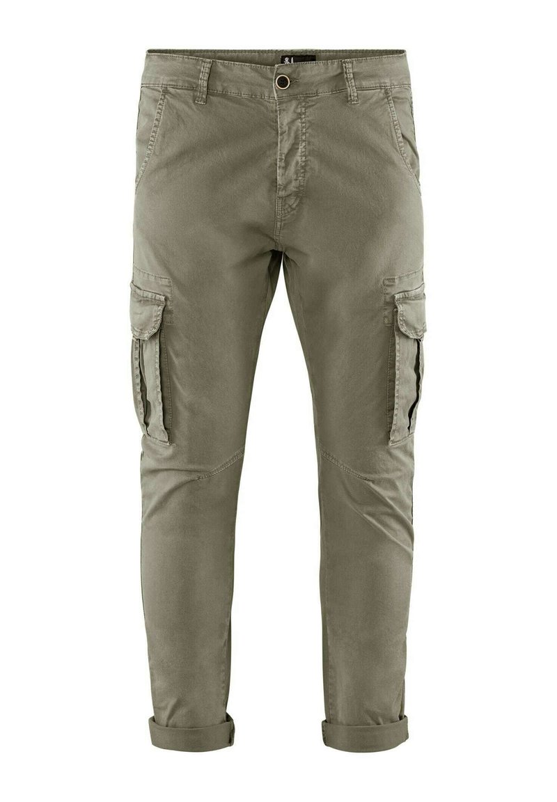 Khaki cargobroek van katoenmix, met twee zijzakken, twee cargozakken, opgerolde boorden en een rechte pijpdesign.