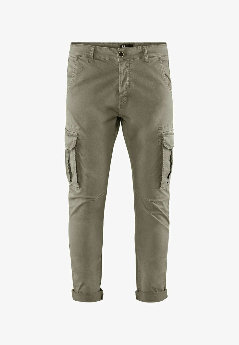 Khakifarbene Cargo-Hosen aus Baumwollmischung, mit zwei Seitentaschen, zwei Cargo-Taschen, hochgerolltem Saum und geradem Bein-Design.