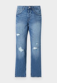 Modré denimové džíny se zdrsněnými detaily na obou nohavicích, pětiminutový styl a přední zapínání na knoflík a zip.