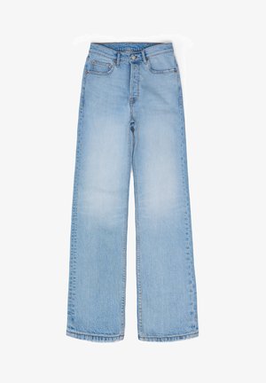 Lichtblauwe, wijde spijkerbroek met een klassiek vijf-pocketdesign, voorzien van een knoop- en ritssluiting en subtiele vervagingdetails.