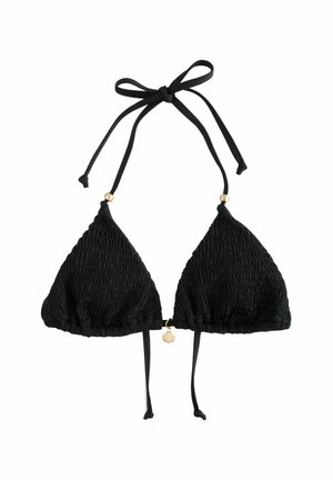 Haut de bikini triangulaire noir en tissu texturé, avec des liens ajustables et des accessoires en métal doré. Il présente un petit accent en forme de coquillage et des fronces à la base.