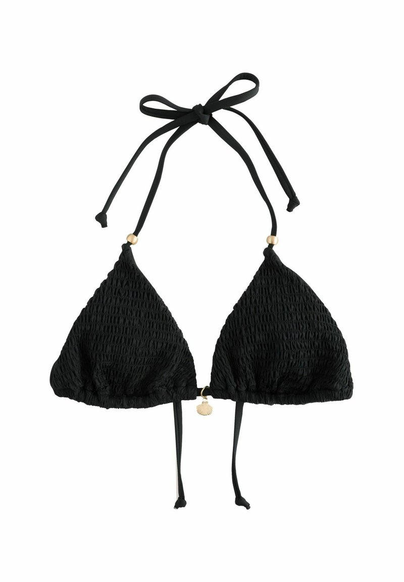 Schwarzer, dreieckiger Bikini-Oberteil aus strukturiertem Stoff, mit verstellbaren Bändern und goldfarbenen Beschlägen. Verfügt über eine kleine Muscheldekoration und Raffung an der Unterseite.