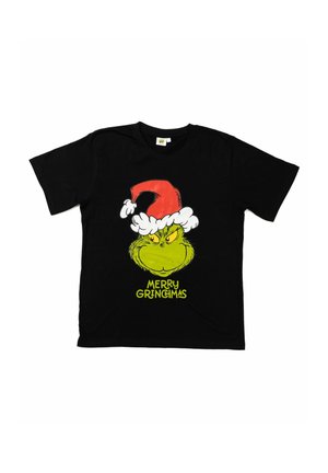 Black cotton T-shirt featuring a green Grinch face with red Santa hat and the text "MERRY GRINGIMAS" in bright yellow.
