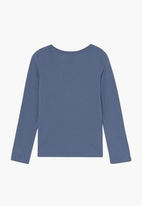 Långärmad topp i dämpad blå färg, med rund halsringning och mjukt bomullsmaterial. Inga synliga mönster eller detaljer. Enkelt design.