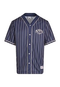 Camiseta de béisbol azul marino con rayas verticales blancas, mangas cortas, cierre de botones y el logo "KANI" en el área del pecho izquierdo. Fabricada en tela suave.
