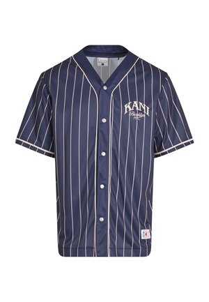 Námornícka baseballová dres s bielymi vertikálnymi pruhmi, krátke rukávy, zapínanie na gombíky a logo "KANI" na ľavej hrudi. Vyrobené z hladkej tkaniny.