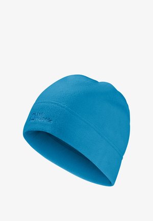 Berretto in pile blu con una texture liscia, forma arrotondata e logo cucito sul lato. Adatto per il clima freddo.