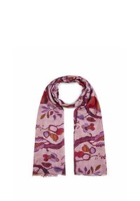 Écharpe violette ornée de motifs floraux en rouge, rose et vert. Tissu léger avec des bords frangés, se drapant en une présentation en boucle.