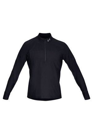 Polaire de sport noire à manches longues avec fermeture éclair quart de longueur et logo Under Armour près du col sur fond blanc.