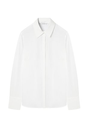 Witte overhemd met lange mouwen, knoopsluiting, puntige kraag en verborgen knoopsluiting, plat weergegeven op een witte achtergrond.