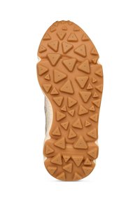 Hnědá gumová podrážka s texturovaným trojúhelníkovým vzorem, s plochým okrajem a světlou částí. Viditelné logo značky "Flower Mountain".