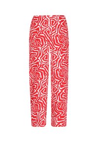 Rode broek met een witte abstracte golvende patroon, voorzien van een elastische tailleband en een rechte pijpdesign, gemaakt van lichte stof.