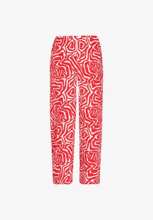 Piros nadrág fehér absztrakt hullámos mintával, rugalmas derékkal és egyenes szárú kialakítással, könnyű anyagból készült.