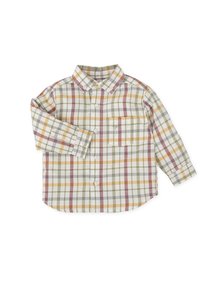 Camisa de cuadros de manga larga, con cuadrados en crema, verde, naranja y burdeos. Diseño de cuello abotonado y bolsillo en el pecho.