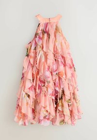 Florales Kleid in Rosa- und Pfirsichtönen, mit mehrlagigen Rüschen, rundem Ausschnitt und Knopfverschluss auf der Rückseite. Leichter Stoff.
