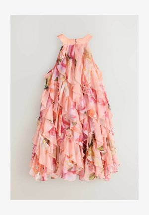 Cvjetna haljina u ružičastim i breskvastim tonovima, s višeslojnim volanima, okruglim izrezom i kopčanjem na dugmad na stražnjoj strani. Lagana tkanina.