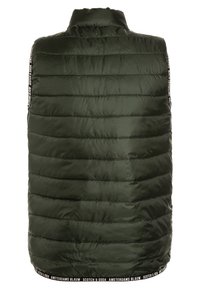 Green, padded vest with a high collar, featuring a quilted texture and side logo detailing. No sleeves, designed for layered wear.