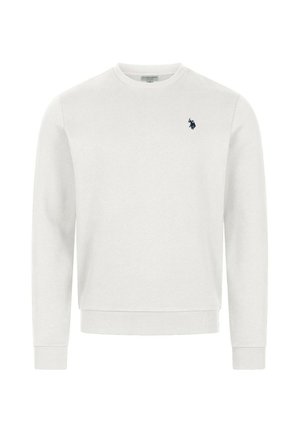 White long-sleeve crew neck sweater with ribbed cuffs and hem, featuring a small dark embroidered horse and rider logo on the chest.