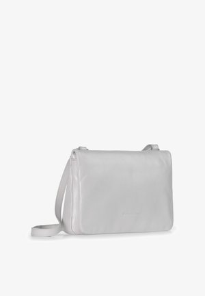 Leather crossbody bag in light gray, featuring a smooth texture, secure flap closure, and an adjustable strap. Minimalist design with no hardware.