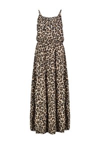 Maxi-Kleid mit Leopardenmuster, Spaghetti-Trägern, elastischem Bund, fließendem Stoff und gestuftem Rock in Beige- und Brauntönen.