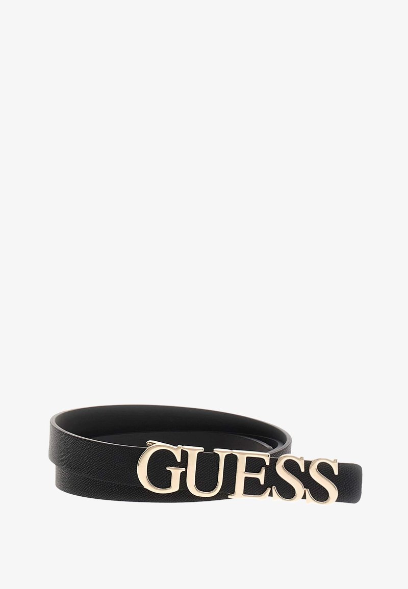 Ceinture noire avec un design texturé, dotée d'une boucle en métal doré mettant en avant le mot "GUESS" en lettres majuscules.